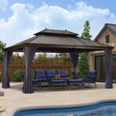 PURPLE LEAF 12' X 16'  Outdoor Hardtop Gazebo for Patio Bronze Aluminum Frame Pavilion with Navy-Blue Curtain