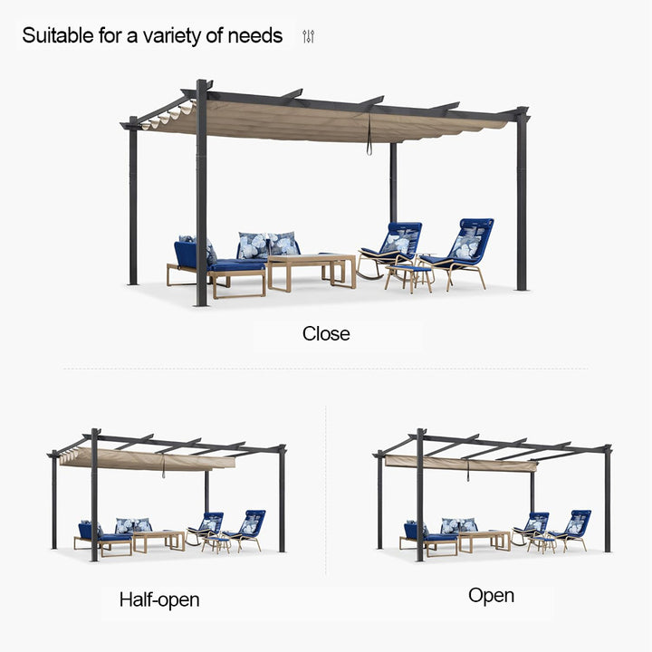 PURPLE LEAF Outdoor Pergola with Retractable Canopy Aluminum Shelter for Porch Garden Beach