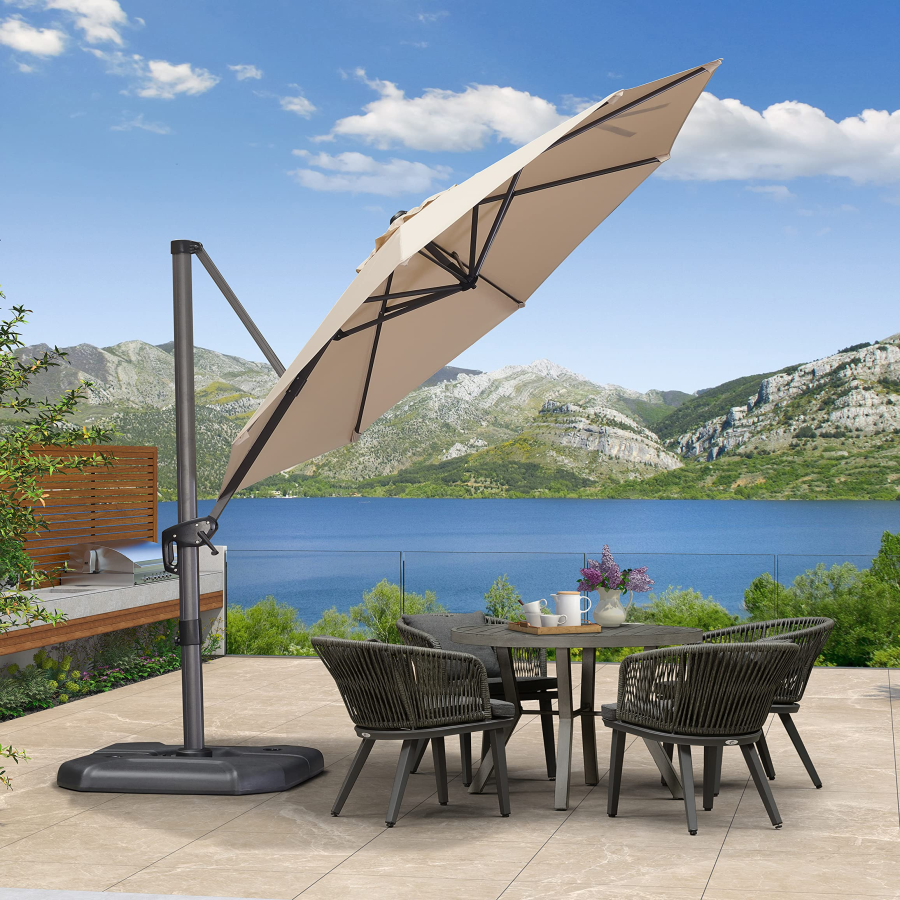 cantilever patio umbrella canada PatioKingdom Lighted with Base Kingdom Our patio umbrella and base set is the perfect answer for a bright and sunny day or your night Premium 10ft Square Cantilever Outdoor