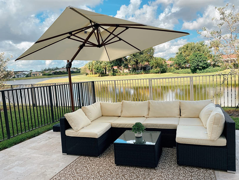 clean canvas patio umbrella Cantilever | Wind Resistant, 360 Rotation | Commercial Grade | Sunbrella Teal Galtech 9 Ft. Octagonal Hardwood