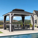 PURPLE LEAF Modern Gazebo Grey Hardtop Galvanized Steel Double Roof White Aluminum Poles with Curtains and Netting