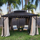 PURPLE LEAF Outdoor Hardtop Gazebo Bronze Metal Frame Galvanized Steel Double Roof with Curtains and Netting for Patio Desk Backyard