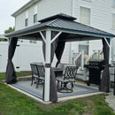 PURPLE LEAF Modern Gazebo Grey Hardtop Galvanized Steel Double Roof White Aluminum Poles with Curtains and Netting
