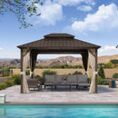 PURPLE LEAF Outdoor Hardtop Gazebo Bronze Metal Frame Galvanized Steel Double Roof with Curtains and Netting for Patio Desk Backyard