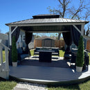 PURPLE LEAF Modern Gazebo Grey Hardtop Galvanized Steel Double Roof White Aluminum Poles with Curtains and Netting