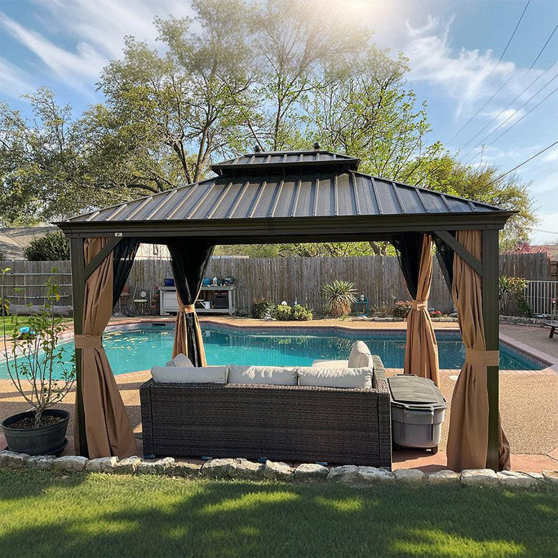 PURPLE LEAF Outdoor Hardtop Gazebo for Garden Bronze Double Roof Aluminum Frame Pavilion