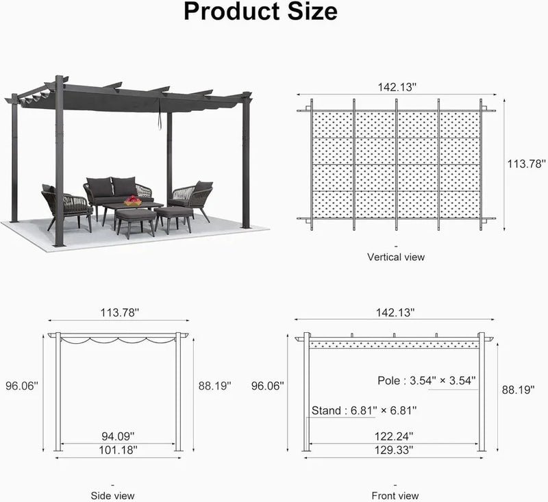 PURPLE LEAF Outdoor Retractable Pergola Patio Shelter for Garden Porch Beach Pavilion Grill Gazebo