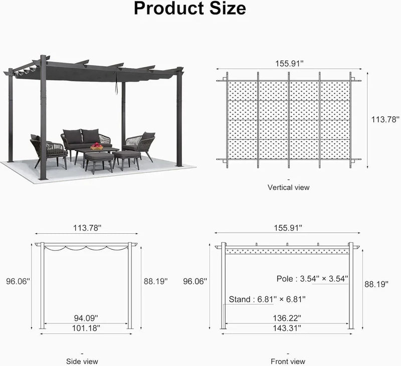 PURPLE LEAF Outdoor Retractable Pergola Patio Shelter for Garden Porch Beach Pavilion Grill Gazebo