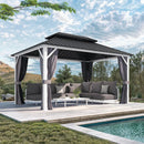 PURPLE LEAF Modern Gazebo Grey Hardtop Galvanized Steel Double Roof White Aluminum Poles with Curtains and Netting
