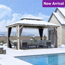 PURPLE LEAF Modern Gazebo Grey Hardtop Galvanized Steel Double Roof White Aluminum Poles with Curtains and Netting