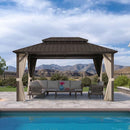 PURPLE LEAF Outdoor Hardtop Gazebo Bronze Metal Frame Galvanized Steel Double Roof with Curtains and Netting for Patio Desk Backyard