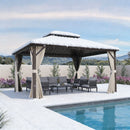 PURPLE LEAF Outdoor Hardtop Gazebo Bronze Metal Frame Galvanized Steel Double Roof with Curtains and Netting for Patio Desk Backyard