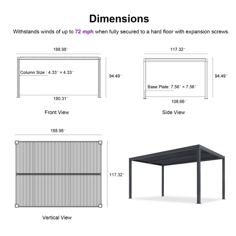 PURPLE LEAF Louvered Pergola Outdoor Aluminum Pergola with Adjustable Roof for Deck Backyard Garden Hardtop Gazebo