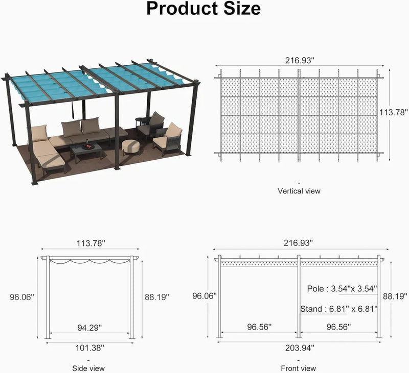 PURPLE LEAF Outdoor Pergola with Retractable Canopy Aluminum Shelter for Porch Garden Beach