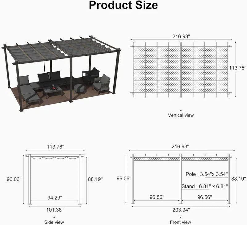 PURPLE LEAF Outdoor Pergola with Retractable Canopy Aluminum Shelter for Porch Garden Beach