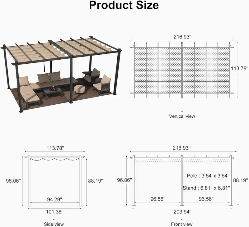 PURPLE LEAF Outdoor Pergola with Retractable Canopy Aluminum Shelter for Porch Garden Beach