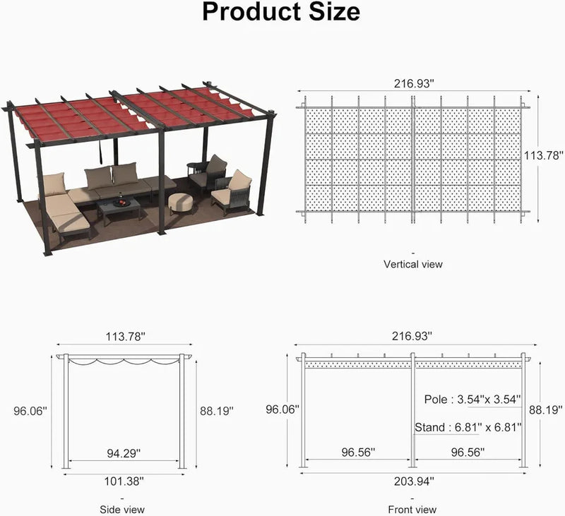 PURPLE LEAF Outdoor Pergola with Retractable Canopy Aluminum Shelter for Porch Garden Beach