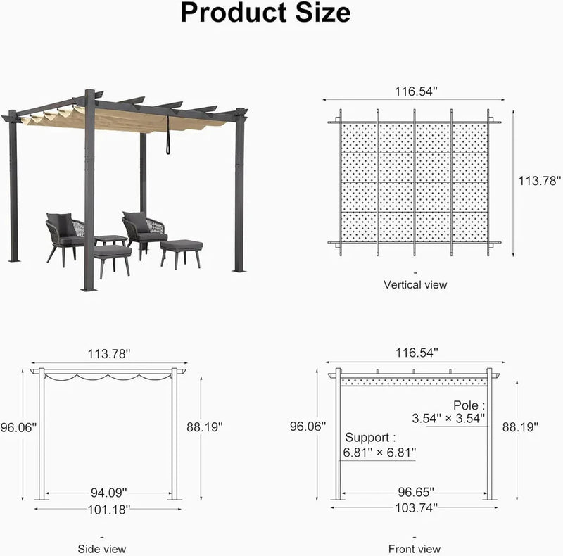 PURPLE LEAF Outdoor Retractable Pergola Patio Shelter for Garden Porch Beach Pavilion Grill Gazebo