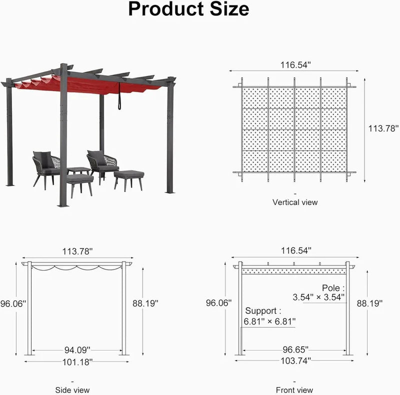 PURPLE LEAF Outdoor Retractable Pergola Patio Shelter for Garden Porch Beach Pavilion Grill Gazebo