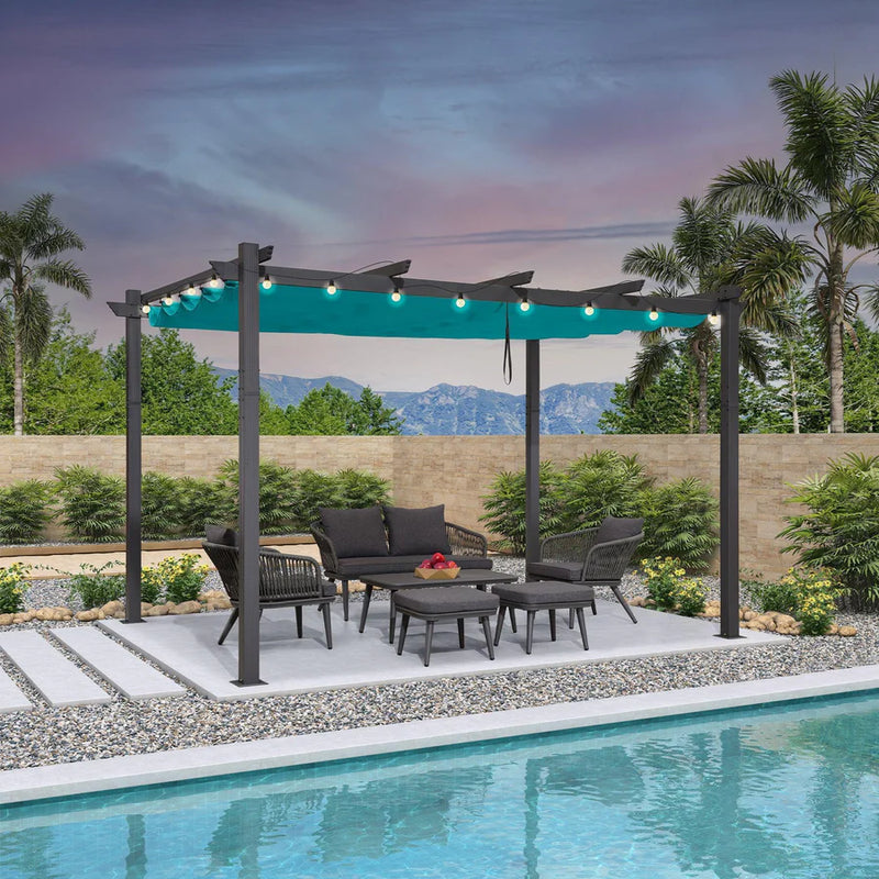 PURPLE LEAF Outdoor Retractable Pergola Patio Shelter for Garden Porch Beach Pavilion Grill Gazebo with Lights
