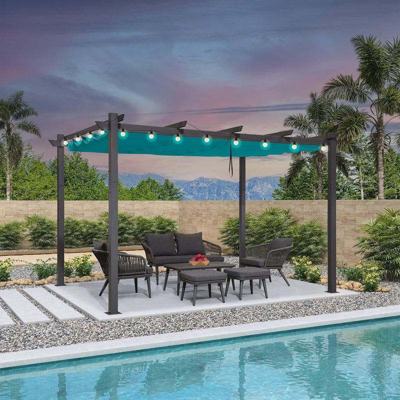 PURPLE LEAF Outdoor Retractable Pergola Patio Shelter for Garden Porch Beach Pavilion Grill Gazebo with Lights