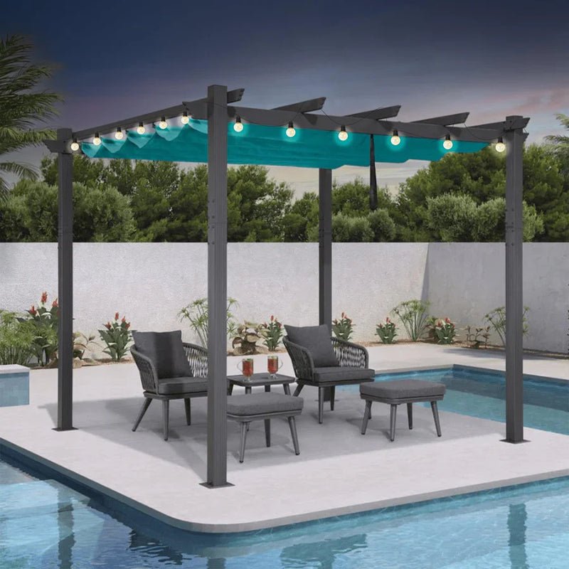 PURPLE LEAF Outdoor Retractable Pergola Patio Shelter for Garden Porch Beach Pavilion Grill Gazebo with Lights