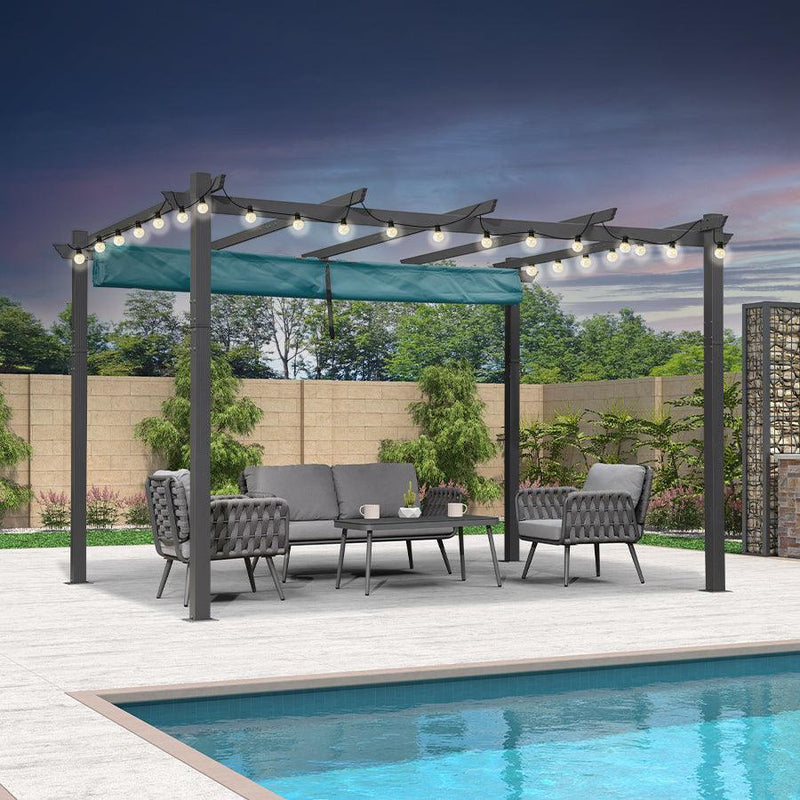 PURPLE LEAF Outdoor Retractable Pergola Patio Shelter for Garden Porch Beach Pavilion Grill Gazebo with Lights