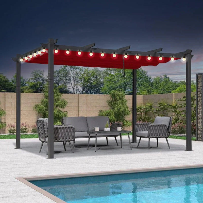 PURPLE LEAF Outdoor Retractable Pergola Patio Shelter for Garden Porch Beach Pavilion Grill Gazebo with Lights
