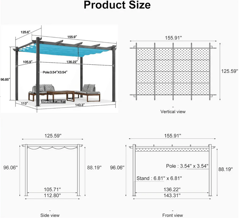 PURPLE LEAF Outdoor Pergola with Retractable Canopy Aluminum Shelter for Porch Garden Beach