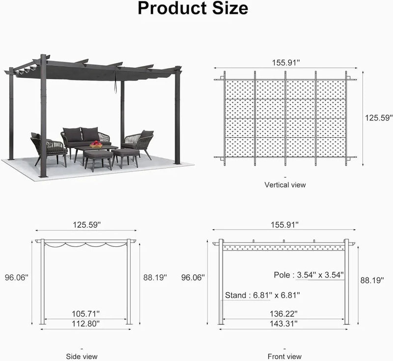 PURPLE LEAF Outdoor Pergola with Retractable Canopy Aluminum Shelter for Porch Garden Beach