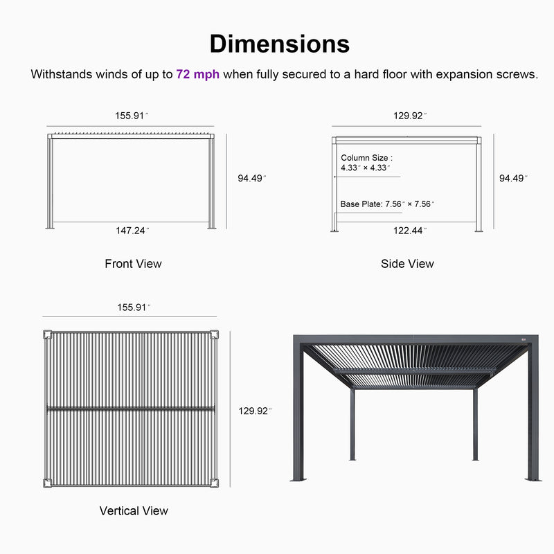 PURPLE LEAF Louvered Pergola Outdoor Aluminum Pergola with Adjustable Roof for Deck Backyard Garden Hardtop Gazebo