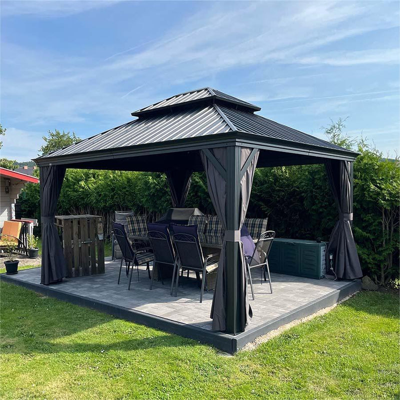 PURPLE LEAF Patio Gazebo for Backyard Grey Hardtop Galvanized Steel Roof Awning with Upgrade Curtain