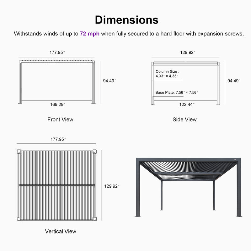 PURPLE LEAF Louvered Pergola Outdoor Aluminum Pergola with Adjustable Roof for Deck Backyard Garden Hardtop Gazebo