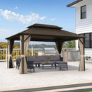 PURPLE LEAF Outdoor Hardtop Gazebo Bronze Metal Frame Galvanized Steel Double Roof with Curtains and Netting for Patio Desk Backyard