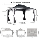PURPLE LEAF Modern Gazebo Grey Hardtop Galvanized Steel Double Roof White Aluminum Poles with Curtains and Netting