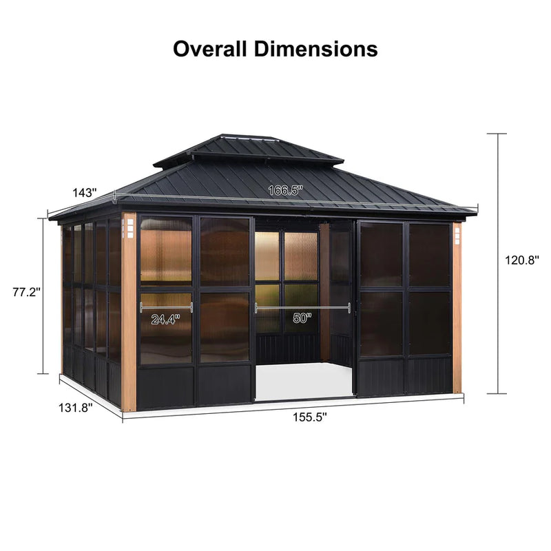 PURPLE LEAF 12‘ X 14’ Patio Hardtop Gazebo Double Galvanized Roof Outdoor Screen House Aluminum Solarium Backyard Sunroom with LED Lights