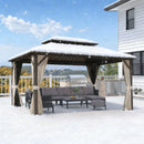 PURPLE LEAF Outdoor Hardtop Gazebo Bronze Metal Frame Galvanized Steel Double Roof with Curtains and Netting for Patio Desk Backyard