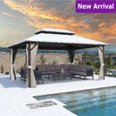 PURPLE LEAF Outdoor Hardtop Gazebo Bronze Metal Frame Galvanized Steel Double Roof with Curtains and Netting for Patio Desk Backyard