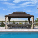 PURPLE LEAF Outdoor Hardtop Gazebo Bronze Metal Frame Galvanized Steel Double Roof with Curtains and Netting for Patio Desk Backyard