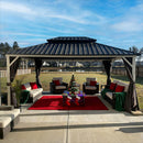 PURPLE LEAF Modern Gazebo Grey Hardtop Galvanized Steel Double Roof White Aluminum Poles with Curtains and Netting