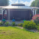 PURPLE LEAF Modern Gazebo Grey Hardtop Galvanized Steel Double Roof White Aluminum Poles with Curtains and Netting