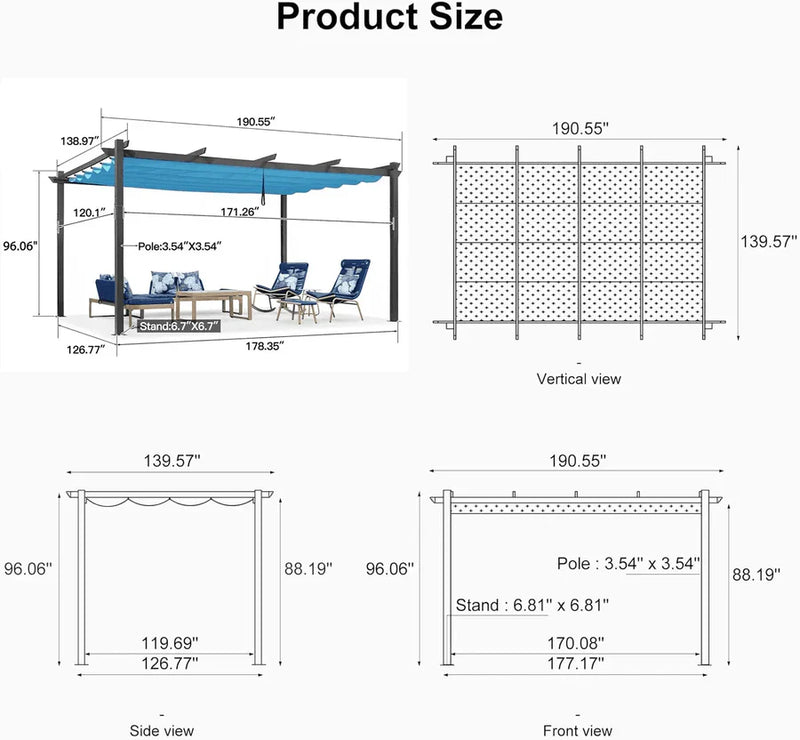 PURPLE LEAF Outdoor Pergola with Retractable Canopy Aluminum Shelter for Porch Garden Beach