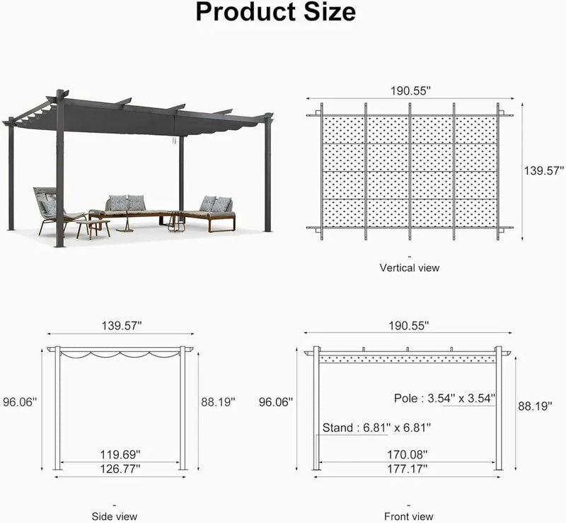 PURPLE LEAF Outdoor Pergola with Retractable Canopy Aluminum Shelter for Porch Garden Beach
