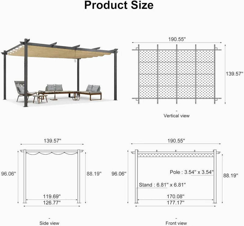 PURPLE LEAF Outdoor Pergola with Retractable Canopy Aluminum Shelter for Porch Garden Beach