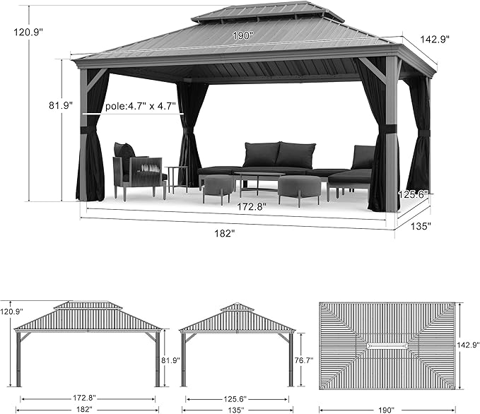 PURPLE LEAF Patio Gazebo for Backyard Hardtop Galvanized Steel Frame with Upgrade Curtain Light Grey