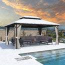 PURPLE LEAF Outdoor Hardtop Gazebo Bronze Metal Frame Galvanized Steel Double Roof with Curtains and Netting for Patio Desk Backyard