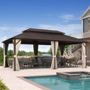 PURPLE LEAF Outdoor Hardtop Gazebo Bronze Metal Frame Galvanized Steel Double Roof with Curtains and Netting for Patio Desk Backyard