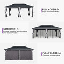 PURPLE LEAF Modern Gazebo Grey Hardtop Galvanized Steel Double Roof White Aluminum Poles with Curtains and Netting