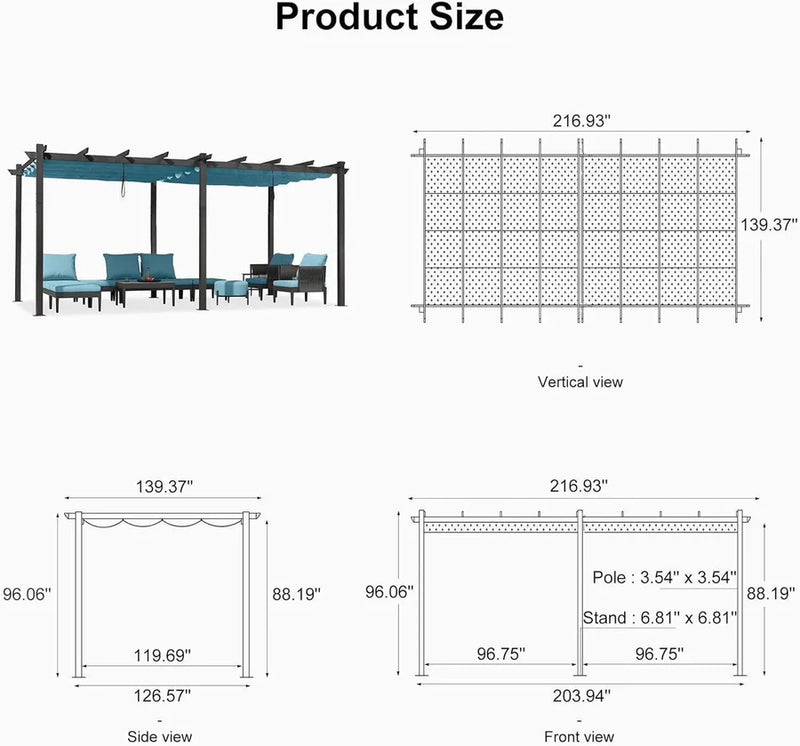PURPLE LEAF Outdoor Pergola with Retractable Canopy Aluminum Shelter for Porch Garden Beach