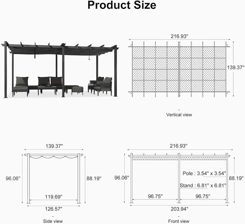 PURPLE LEAF Outdoor Pergola with Retractable Canopy Aluminum Shelter for Porch Garden Beach